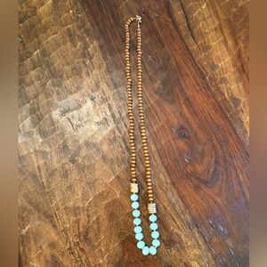 Long Wooden and Light Blue Beaded Necklace